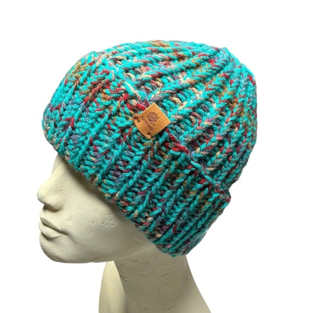 Handmade Chunky Knit Beanie Multicolor Teal Winter Fall Handcrafted Hat